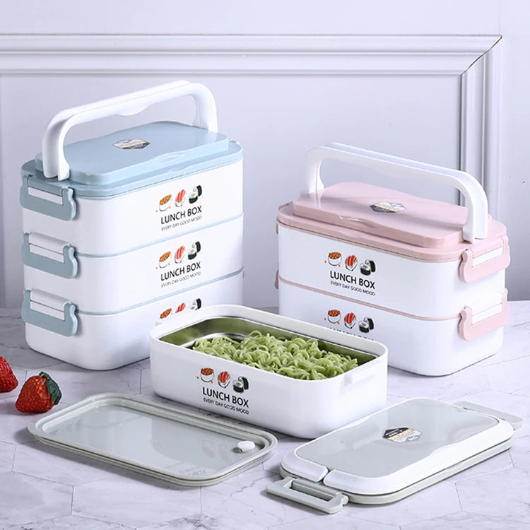 Office School Portable Kids Rectangular Multilayer 2 Compartments Plastic Tiffin Stainless Steel 304 Bento Lunch Box Silicone