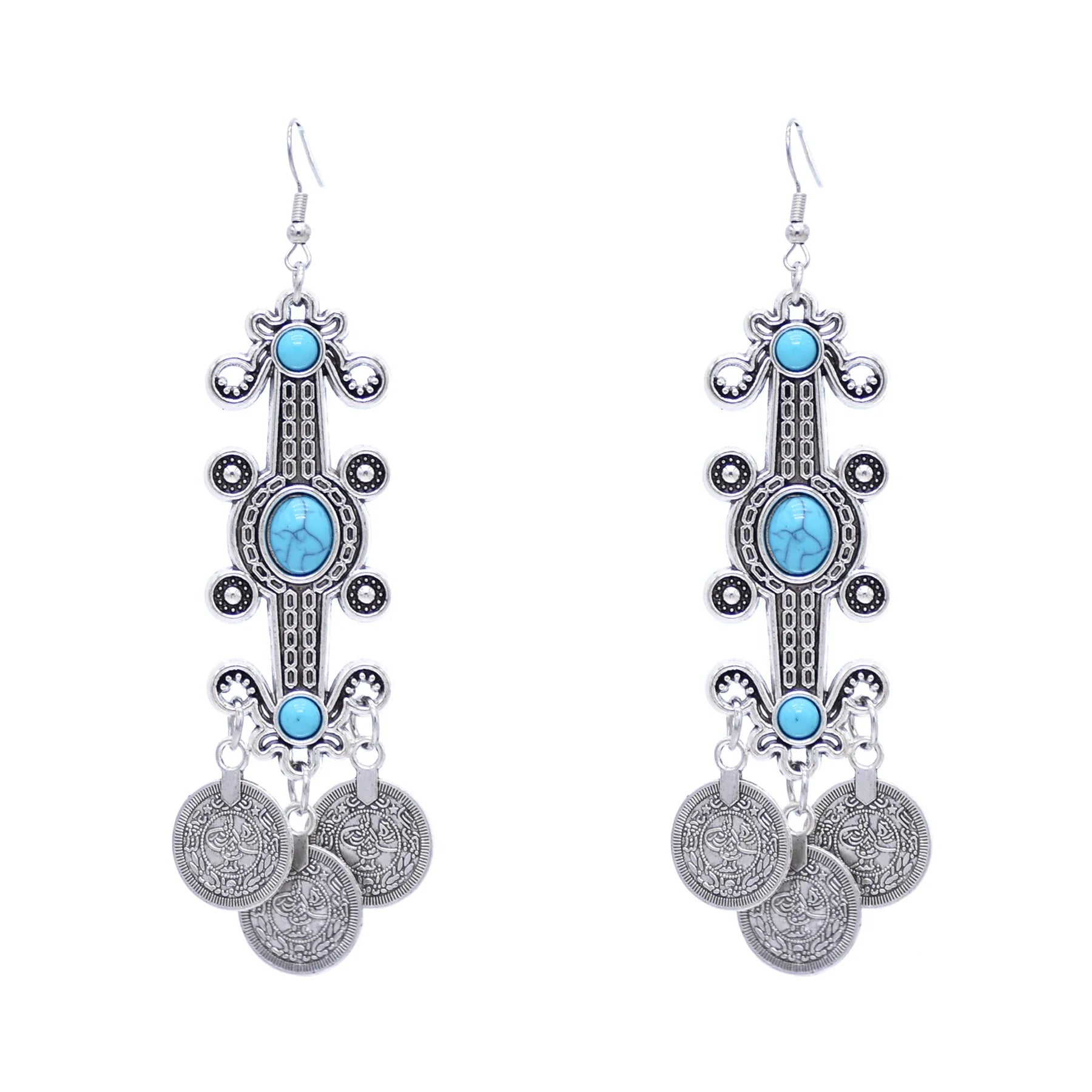 Retro Exotic Long Ethnic Style Niche Kazakh Dangle Earrings Women Blue Red Beads Silver Plated Coins Tassel Earrings Alloy
