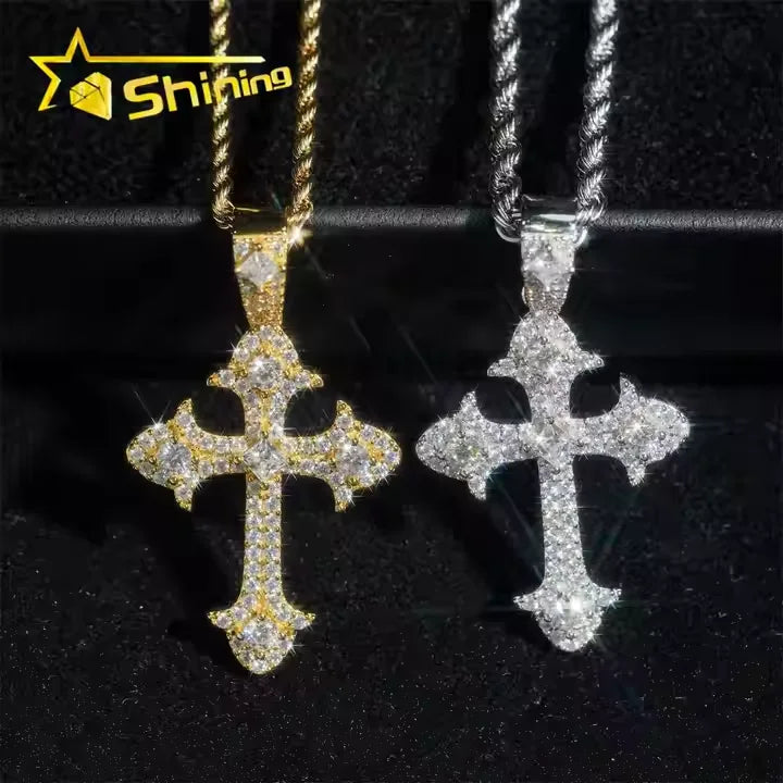 Fine Jewelry 925 Sterling Silver Gold Plated Moissanite Cross Pendant Custom Men Hip Hop Iced Out Pendant Necklace