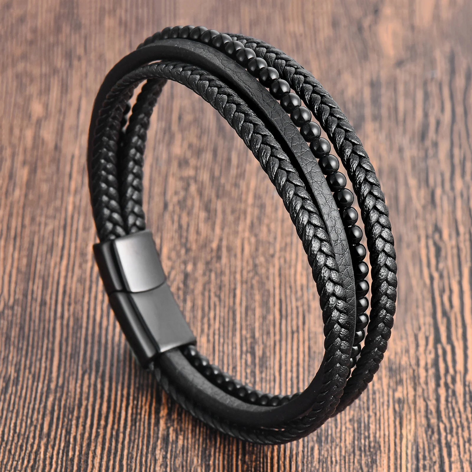 Designer Men Black Natural Stone Beaded Bangle Genuine Leather Braided Bracelet With Magnetic Clasp Men's Jewelry