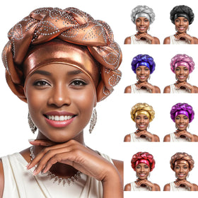 HZM-60794 African Turban Head Wrap Silvery Braid Beanie Cap Headwear Crystals Twisted Head Turbans for Women and Girls