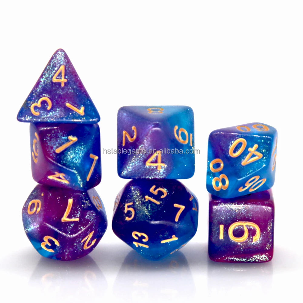 HS Galaxy Custom-made 7 PC D20 Polyhedral Acrylic Glitter RPG DND Dice Set 16mm Size with Board Game and Dice Box