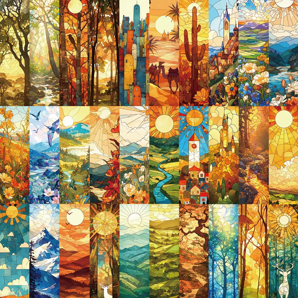 15CM 30PCS Stained Glass Mountains Forest Scenery bookmark