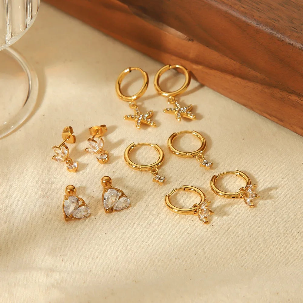 2025 Trendy Waterproof Daisy Starfish Dangle Stainless Steel Bling Zircon Earrings for Women 18k Gold Plated