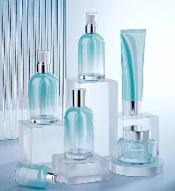 Fuyun Skincare Packaging Blue Refillable Glass Cosmetic Jars 40ml 100ml 120ml Toner Essence Lotion Bottles for Skin Care Serum