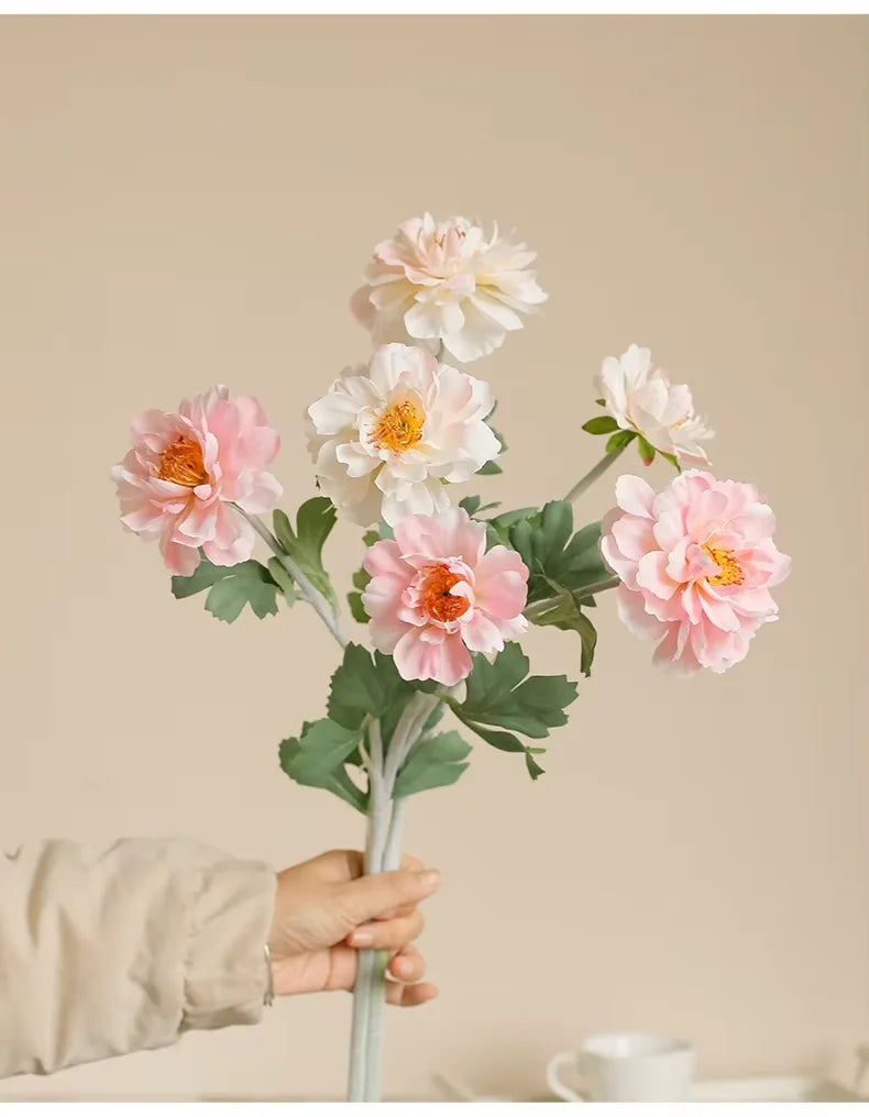 High Quality Single Branch 3-head Flocking Peony Simulation Flower for Wedding Home Model Room Decoration