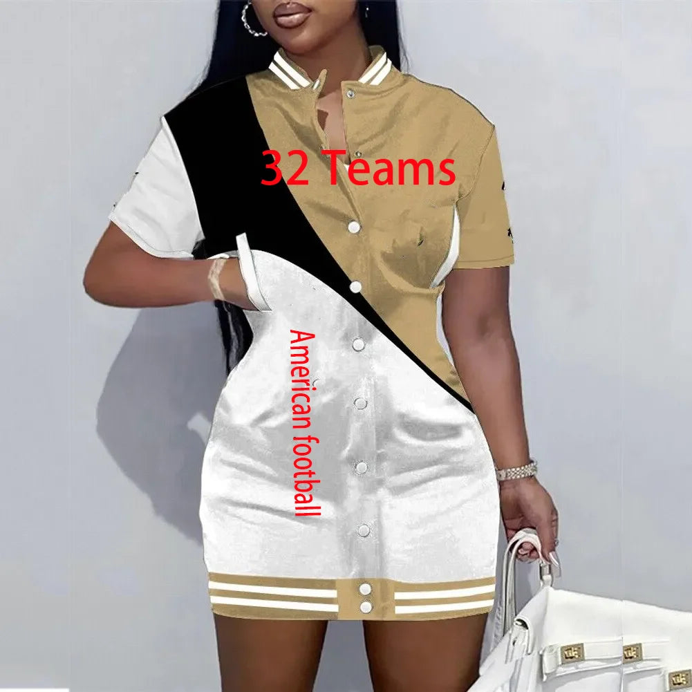 32 Team 49 Button Casual Dresses for Women Plus Size American Football Fall Fashion Pocket Jacket Short Sleeves Natural