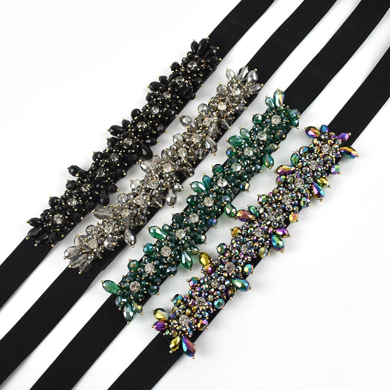 Meetee CB645 65-93cm Women Elastic Belt 2.5cm Width Crystal Diamond Waistband Ladies for Dress Rhinestone Pearl Girdle Belts
