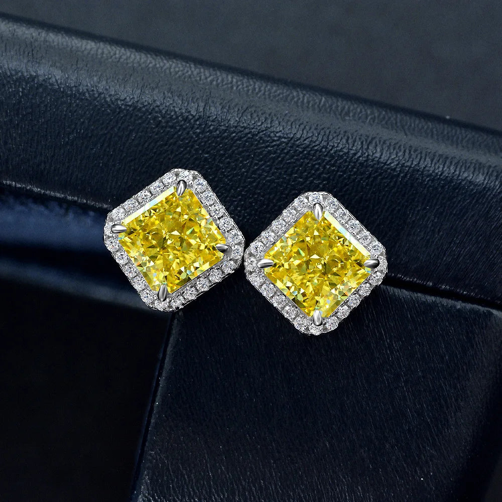 Custom Luxury Yellow Square Radiant Cut Cubic Zirconia Rhodium Plated Earrings Jewelry 925 Sterling Silver Stud Earrings