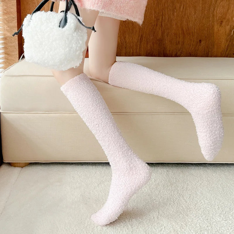 Premium Soft Ladies' Knee Slouchy Socks Warm Black White Pink Fuzzy Breathable Spandex/Cotton Logo on Body One Size Winter