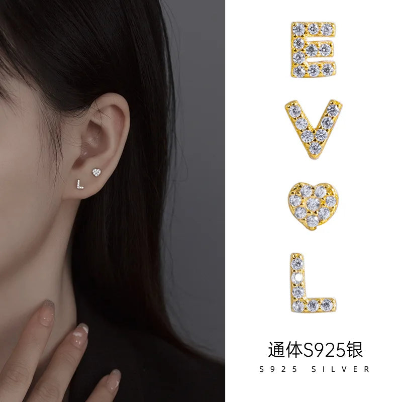 Luxury 925 Sterling Silver L O V E Shape Alphabet Earring Dainty Pave CZ Initial Letter Stud Earrings