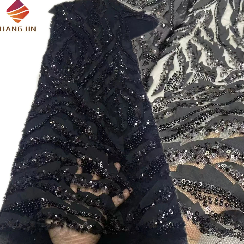 Black Luxury African Tulle Lace Fabric 3D Pearl Flower Sequence Embroidery Beaded Wedding Lace Fabric for Evening Party Dresses