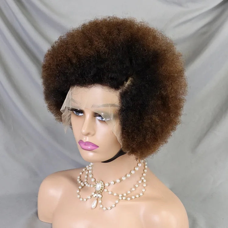 1BT4 Colored Hair Afro Kinky Pixie Wig 13x4 Lace Full Frontal Afro Human Hair Pixie Cut Wigs For Black Women