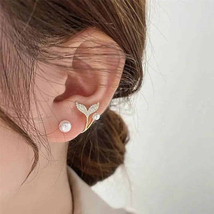 SC Creative Two Ways Wearing Gold Plated Wrapped Earrings Women Korean Fairy Zircon Flower Fishtail Pearl Stud Earrings for Girl