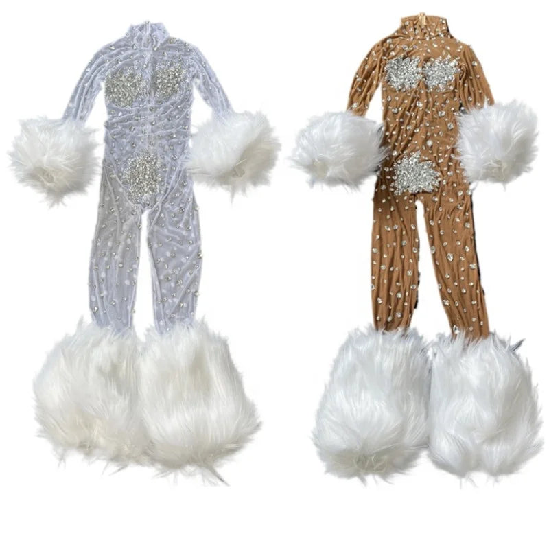Sexy See Through Fur Crystal Rhinestones Bodysuit Club Party Lady Jumpsuits Women Cosplay Dragqueen Dance Stage Playsuit