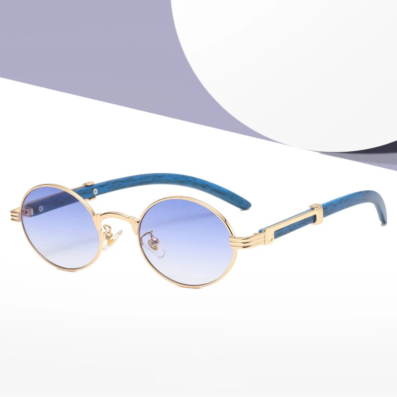 Retro Style Metal Sunglasses Women Round Male Gold Steampunk Small Frame Oval Glasses for Men Brown Blue Wood Pattern Uv400