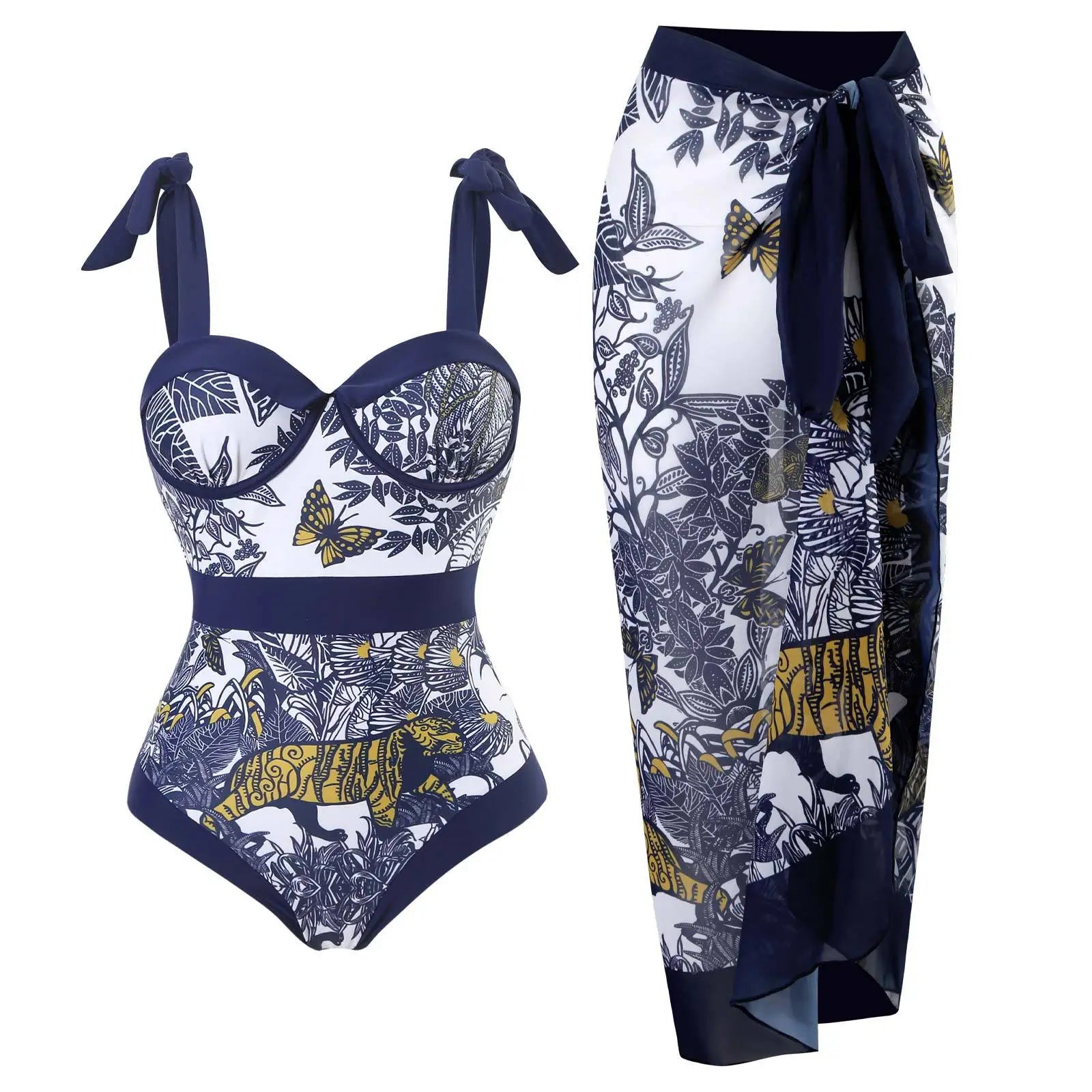 2023 New Women Blue Printed Swimsuit and Cover up Ruffle Strap Split  Bathing Suit Bikinis & Beachwear