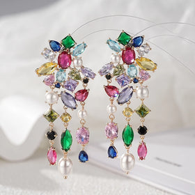 Beautiful Women Long Tassel Drop Earrings Fashion Irregular Geometry CZ Pearl Splicing Design Exquisite Anniversary Jewelry