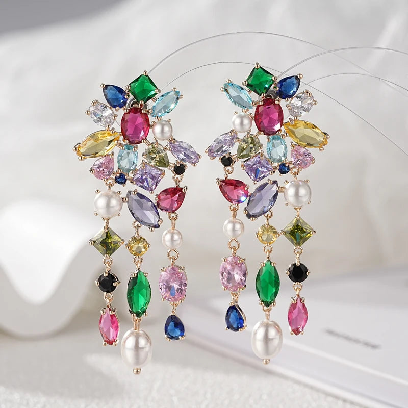 Beautiful Women Long Tassel Drop Earrings Fashion Irregular Geometry CZ Pearl Splicing Design Exquisite Anniversary Jewelry