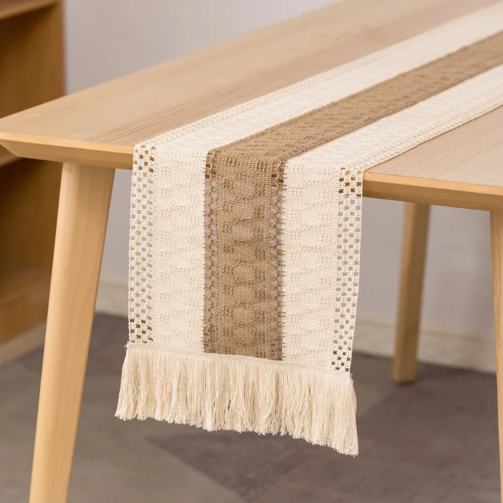 Best Quality Cotton Linen Cheesecloth Burlap Handmade Table Runner With Macrame
