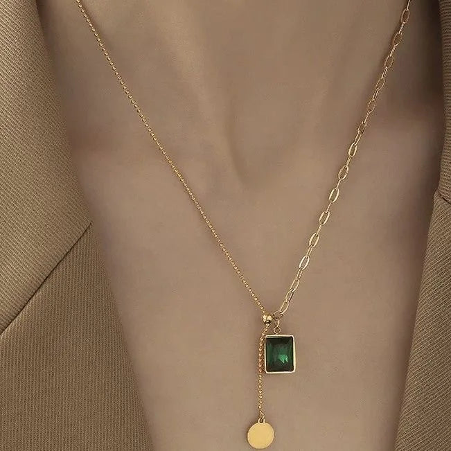 No Tarnish Gold Plated Stainless Steel Anchor Pendant Necklace Adjustable Rectangle Emerald Diamond Pendant Necklace