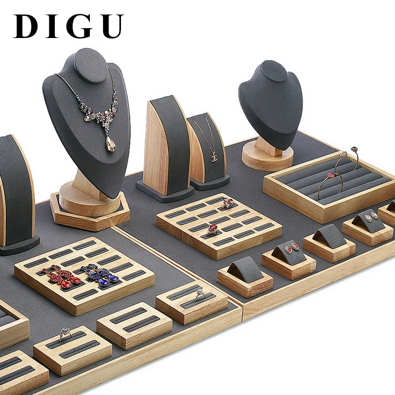 DIGU Custom Luxury Grey Colour Wood Jewelry Display Set Bust Necklace Bracelet Earrings Jewelry Display Stand