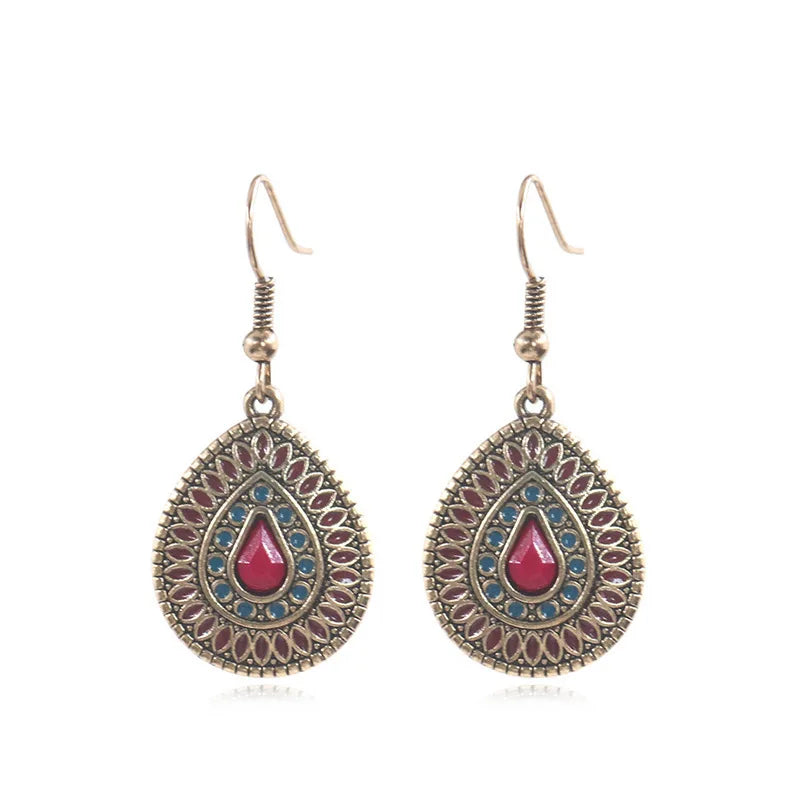 Fashion Jewelry Bohemian Women Earrings Ethnic Style Vintage Drop-shaped Alloy Enamel Acrylic Gem Earrings Jewelry