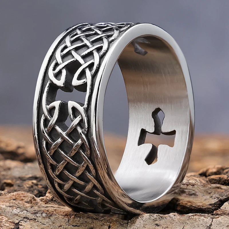 Stainless Steel Celtic Viking Hollow Cross Knot Band Ring Fashion Titanium Steel Jewelry Men's Ring
