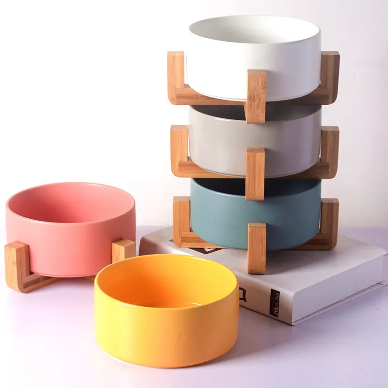 Sanan Low MOQ Custom Matted Elevated Dog Bowl Non slip Ceramic Pet Bowl with Wooden Stand