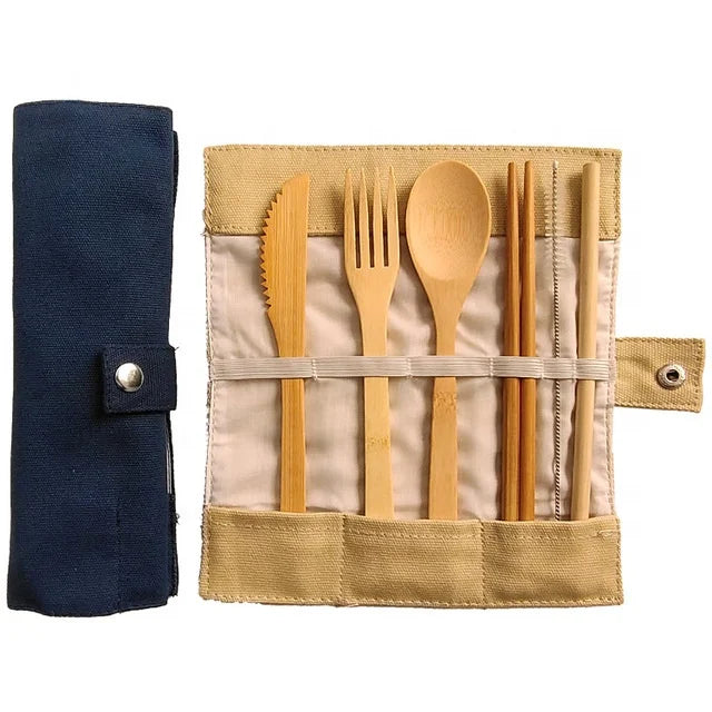 Biodegradable Eco-friendly Fork Spoon Chopsticks Straw Reusable Camping Travel Bamboo Travel Cutlery Set with Bag