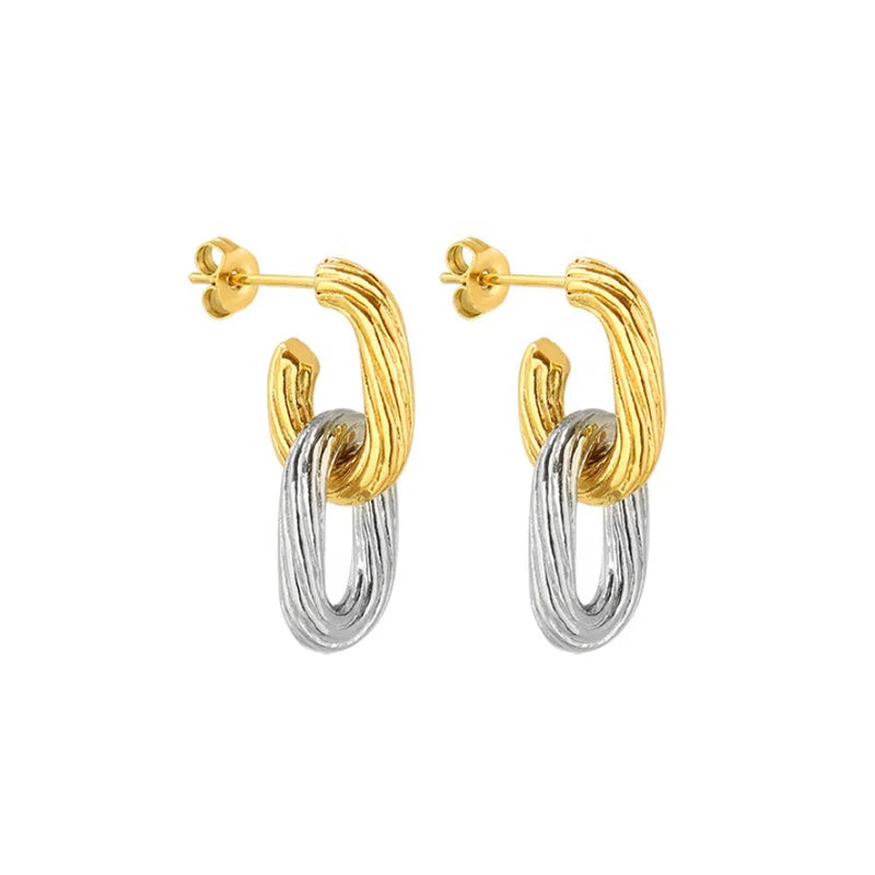 Fashion Accessories Unique Design Oval Shape Geometric Embossing Texture Chain Links Stainless Steel Stud Earrings