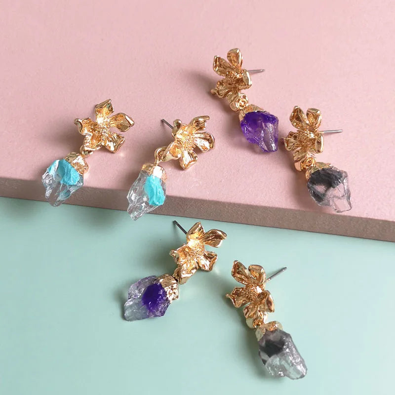 HOVANCI Bohemian Retro Gold Plated Flora Geometric Druzy Drop Earrings Flower Shape Purple Natural Stone Crystal Earring