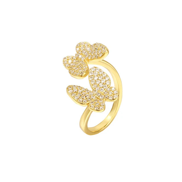 Luxury Real Gold Plated CZ Cubic Zirconia Double Butterfly Rings Bling 925 Sterling Silver Butterfly Open Ring