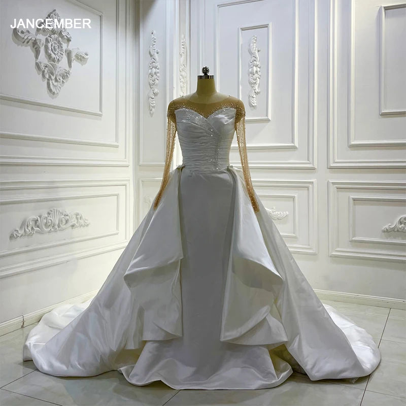 Elegant Sweetheart Pearls Bridal Gowns Sleeveless 2 in 1 Satin Mermaid Wedding Dress Lscj59