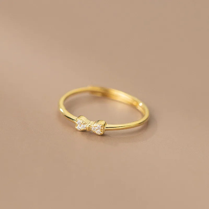 Wholesale Fashion Jewelry 925 Sterling Silver Bow Knot Bowknot Cubic Zircon Gold Plated Adjustable Rings for Women