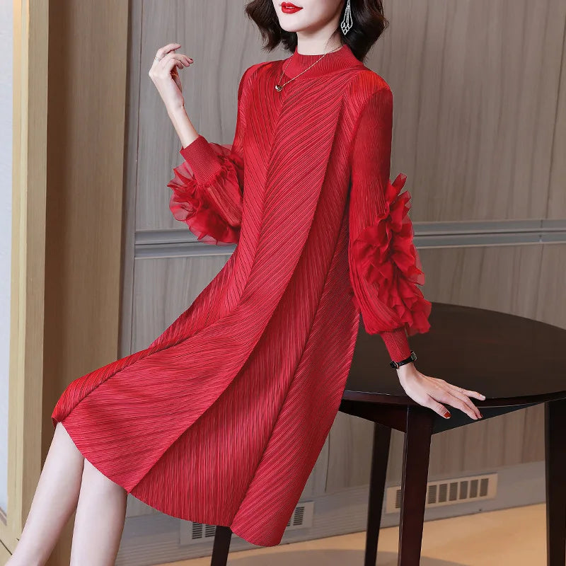 2022 New High Street Pleated Spring Summer Party Wedding O-Neck Women Dress