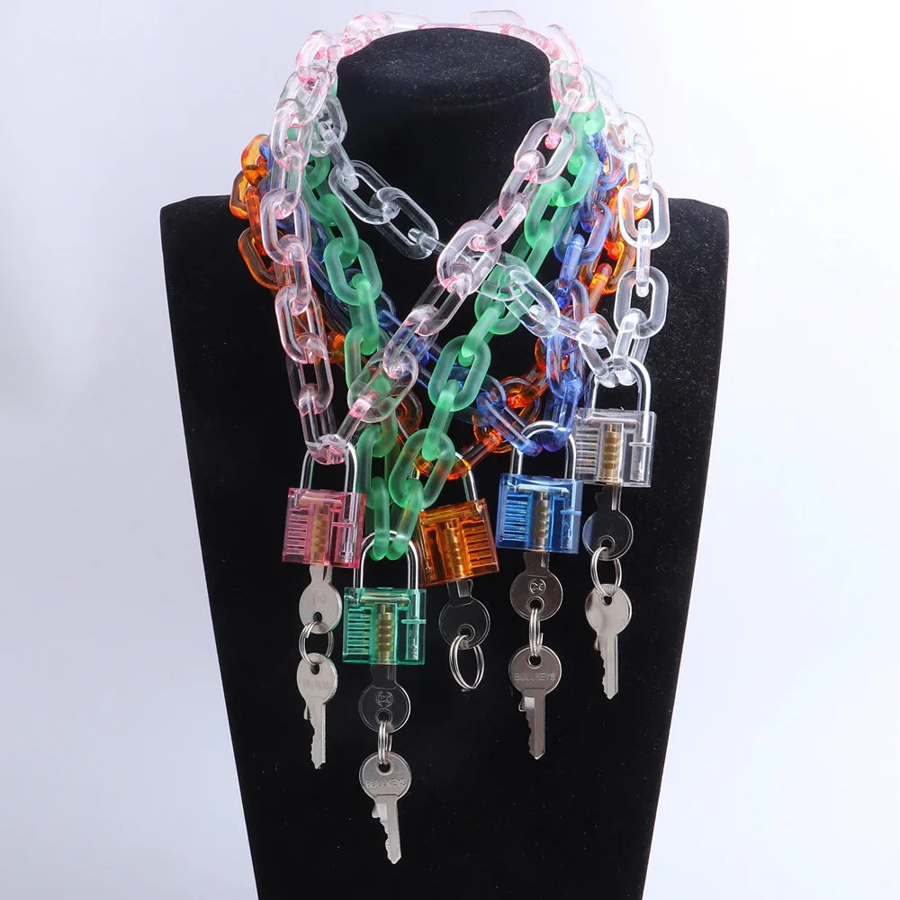 2026 Hiphop Fashion Punk Transparent Long Chain Padlock Necklace for Women Girl Big Acrylic Link Chain Lock Pendant Necklace Man