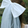 ShangHai Elegant Short Bridal Veil Thickened Mesh Satin Bow Bead Wedding Dress Travel Studio Photo Performance Prop