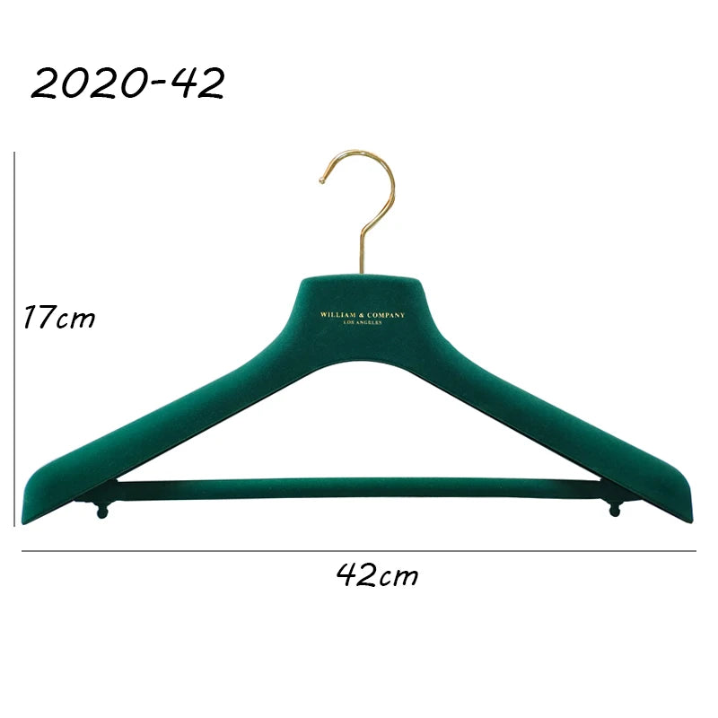 20 Pcs/ctn Green Flocking Flexible Injection Plastic Suit Hanger Chrome Silver Hook 42cm Wide Shoulder Pants Bar Eco-friendly