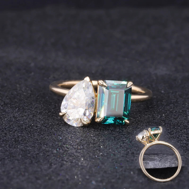 Starsgem Pure Gold Jewelry Hydrotherma Emerald Cut Lab Emerald Pear Two Stone 14K Yellow Solid Gold Custom Moissanite Gold Ring