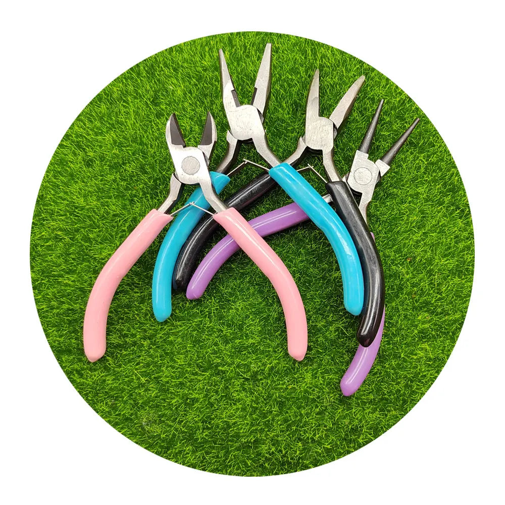 Hot Selling 4Pcs/Set Mini Insulated Pliers Pink Blue Purple Black Color Round Nose Curved Needle Diagonal Pliers Jewelry Tools