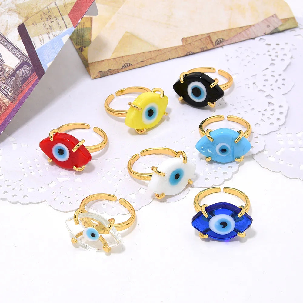 Handmade Gold Copper Glass Turkish Blue Eye Open Female Ring Jewelry Bohemian Personality Adjustable Nazar Ring