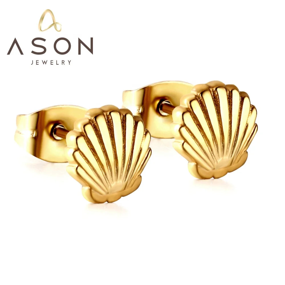 Ason Jewelry Cute Children's Stud Earrings Hypoallergenic Stainless Steel 18k Gold Plated Shell Shape Stud Earrings