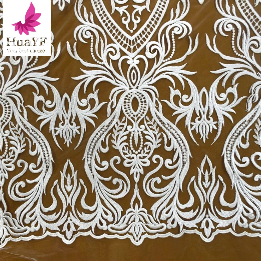 High Density Net Embroidery White Tulle Lace Fabric for Bridal Wedding Dress Fabric HY1434-2