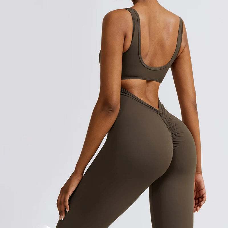 Custom High Waist Gym Flare Yoga Pants Sets Solid Color Nylon Spandex One-Piece Jumpsuit for Women With Scrunch Back Design