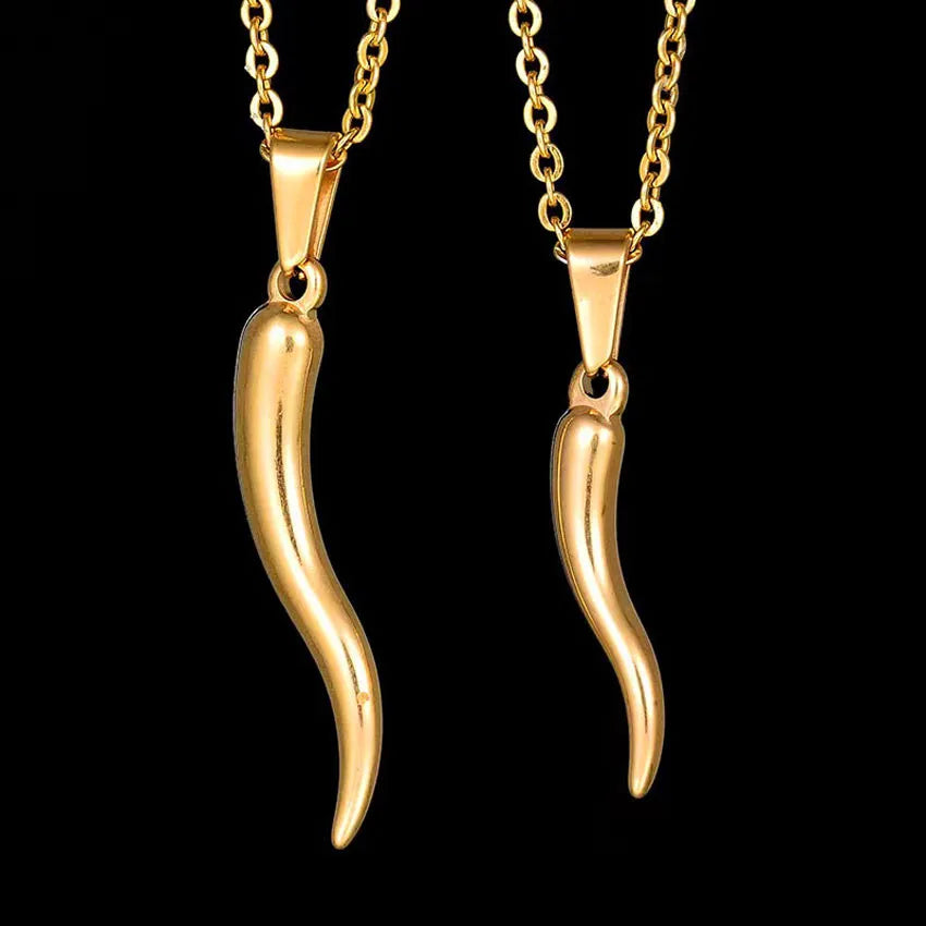 Two Sizes Stainless Steel Chili Pendant Italian Jewelry Women 18K Gold Horn Necklace Hip Hop Crescent Moon Charms Thin Chain