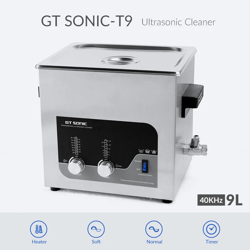 GT SONIC GT-T9 40KHz Electric Industrial Ultrasonic Degreaser Machine Stainless Steel Tank 9L 200W New Jewelry Denture Braces