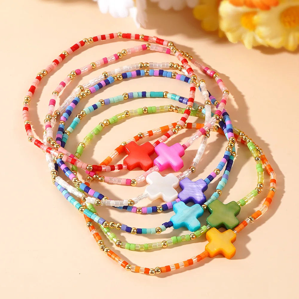 Go2boho New Summer Beach Vacation Style Dainty Fashion Jewelry Mixed Color Cross 18K Gold Filled Plated Bead Bracelets for Women