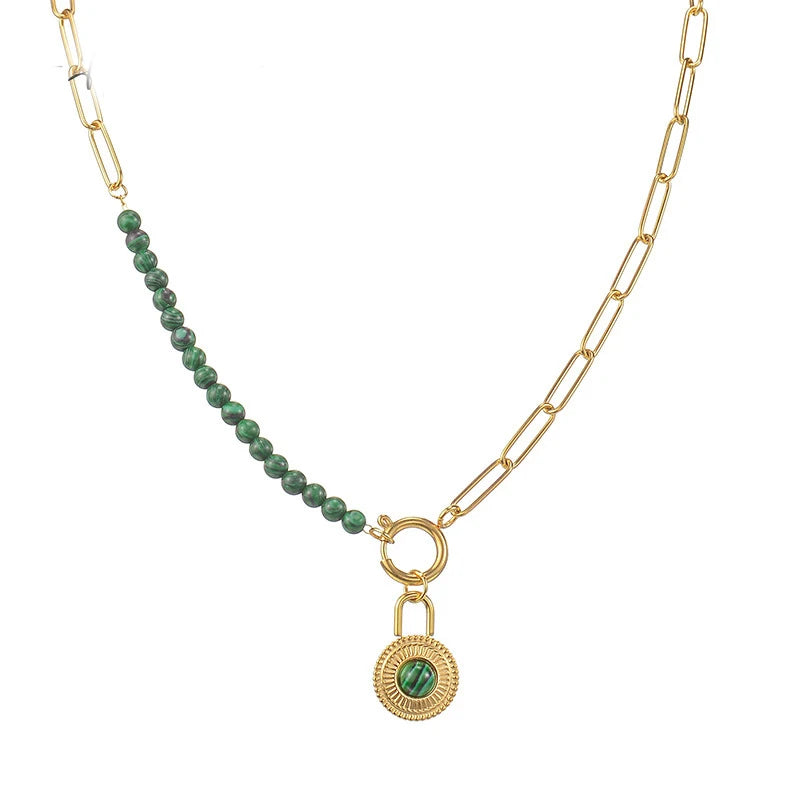 Vintage Stainless Steel Half Malachite Half Paper Clip Necklace 18K Gold Natural Stone Lock Pendant Necklace