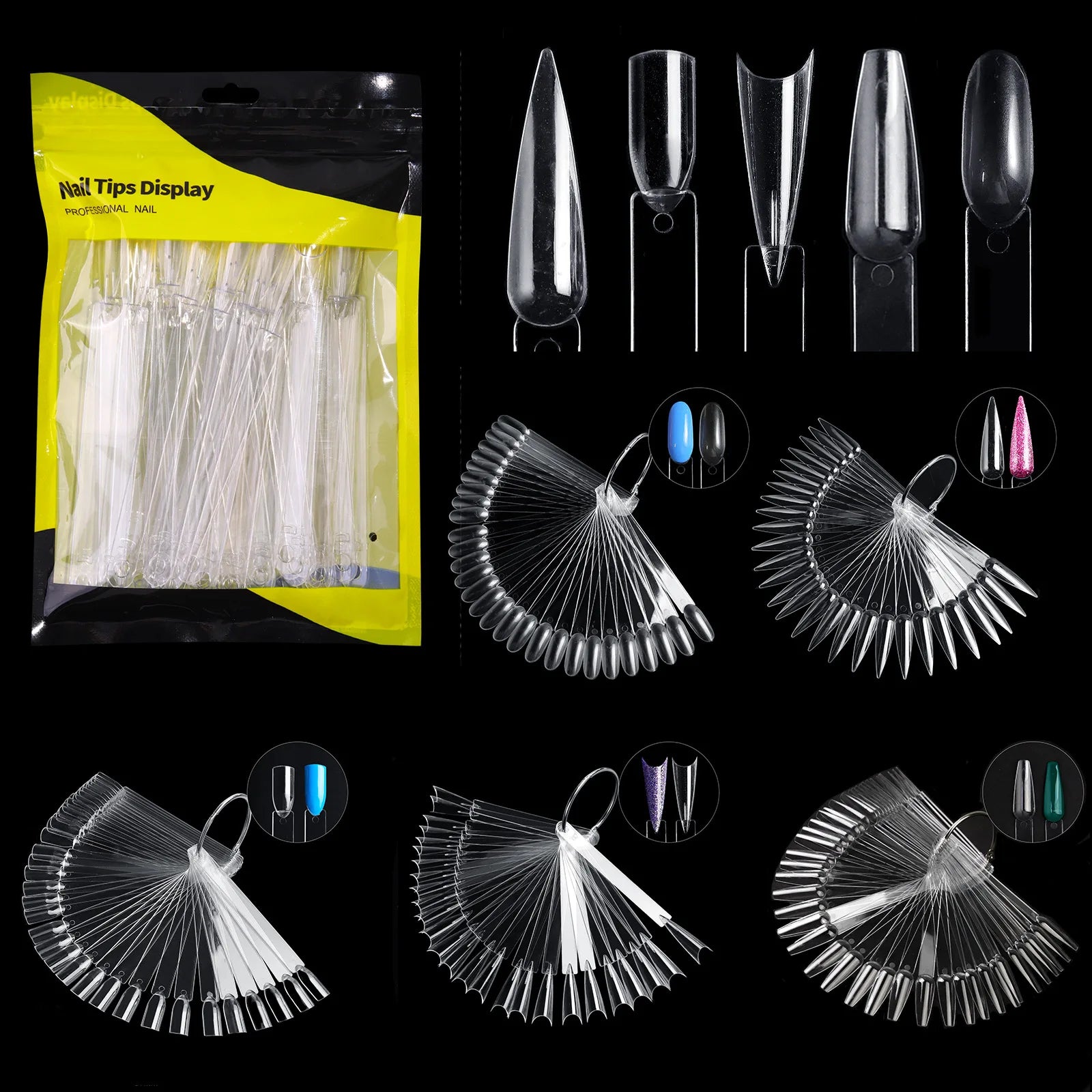 Best Selling 50pcs False Nail  Practice Tips Stiletto Coffin Nail Polish Color Display Tips With Key Ring